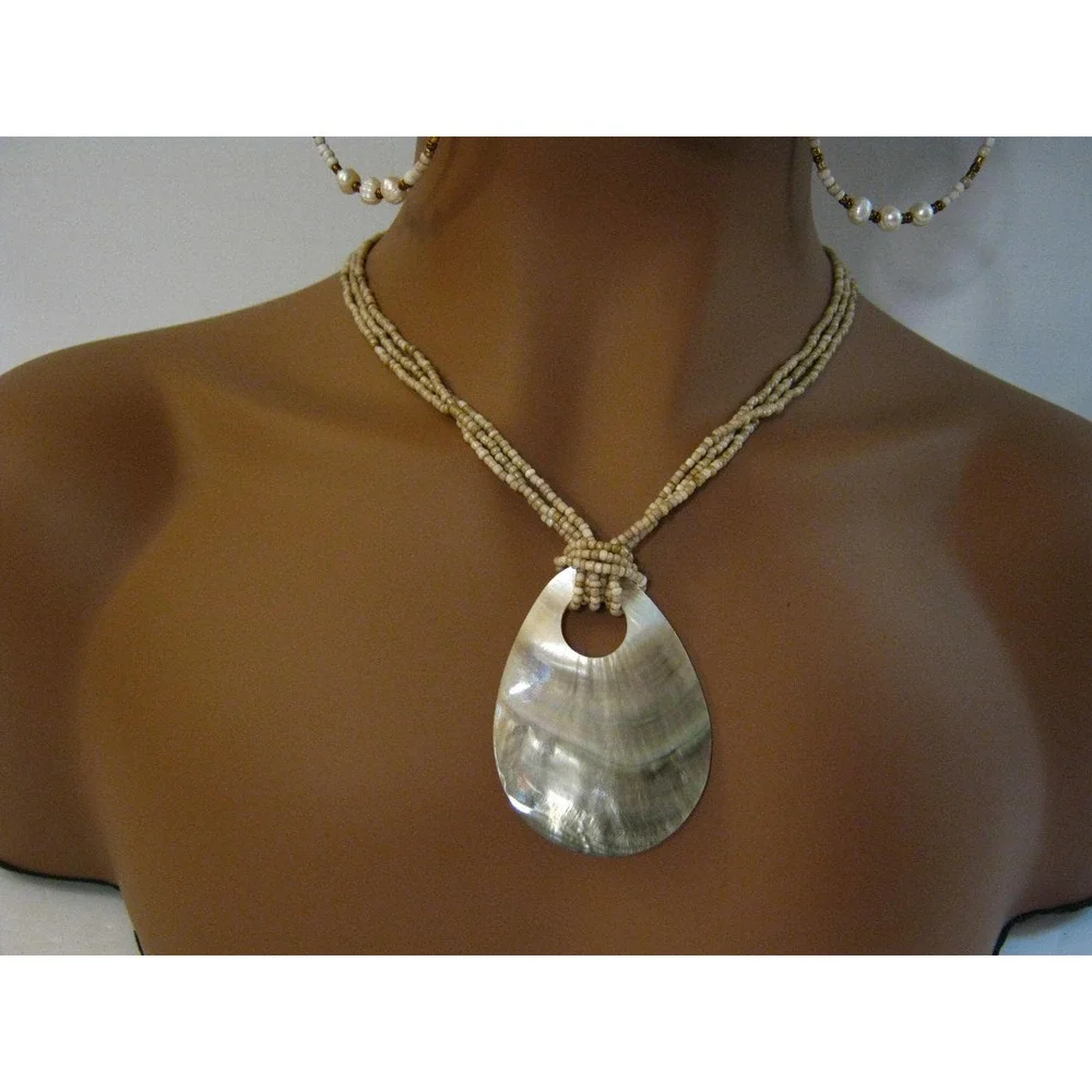 Genuine MOP Shell Beaded large Hoop Earrings and Pendant Necklace Jewelry Set
